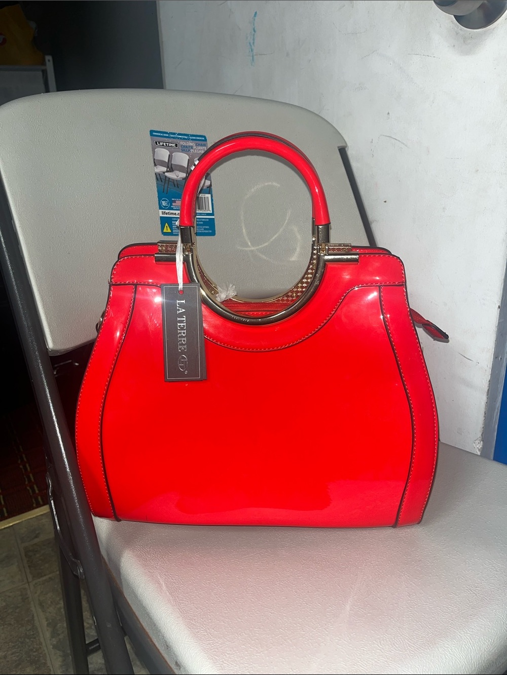 La Terre Red Patent Satchel with Circular Handles